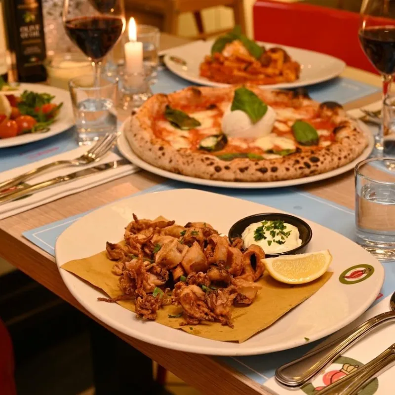 Gedeckter Tisch bei OVEST Berlin – Calamari fritti, Pizza Margherita und Rotwein im italienischen Restaurant im KaDeWe
