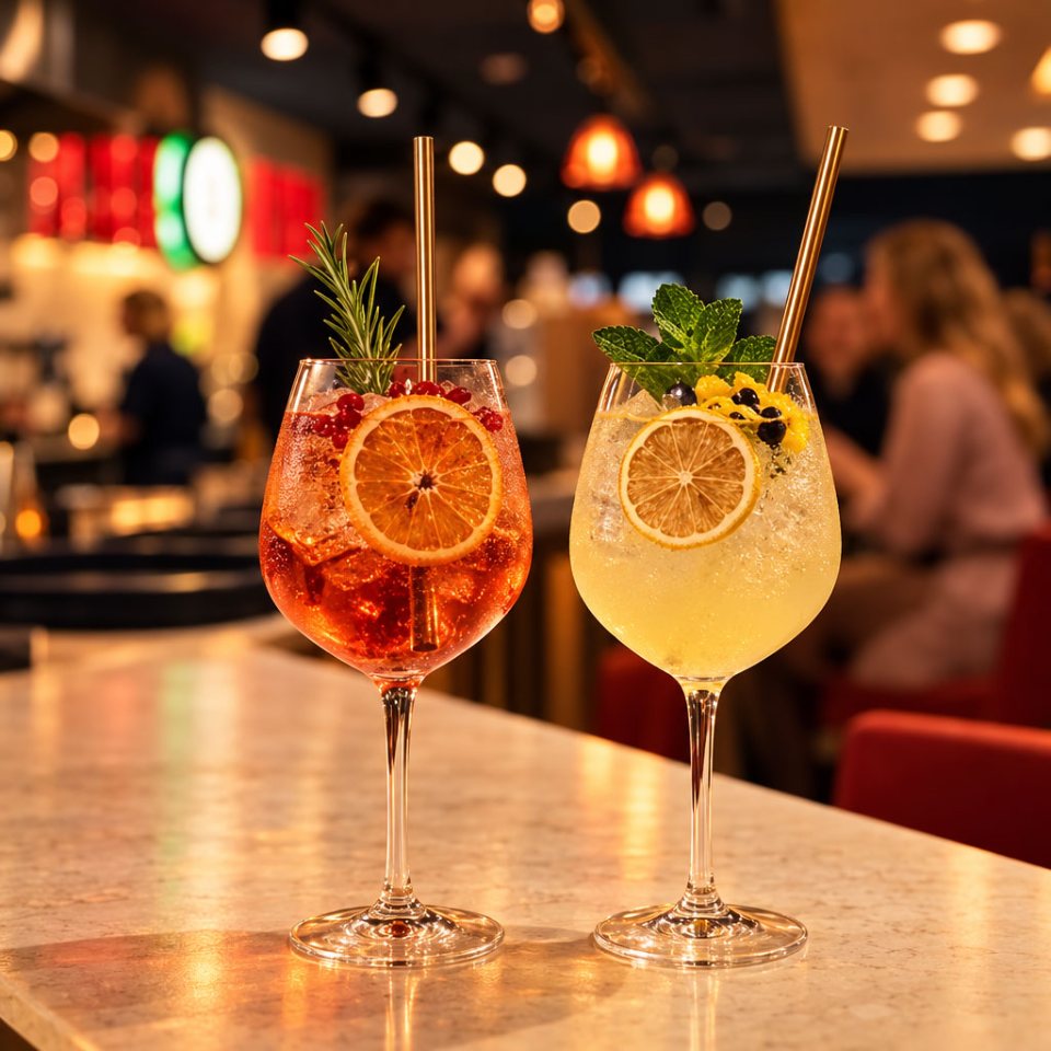 Aperitivo an der Ovest Bar im KaDeWe Berlin – Spritz mit Orange und Granatapfel und ein heller Limoncello-Spritz mit Minze auf dem Marmortresen