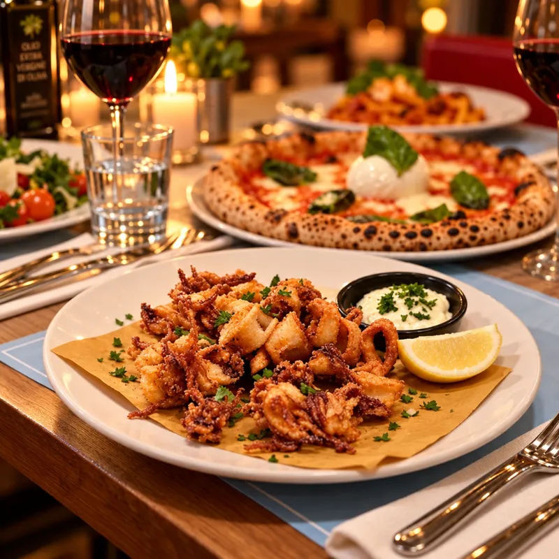 Calamari fritti mit Zitrone und Aioli, dahinter neapolitanische Pizza aus dem Steinofen – Antipasti bei OVEST im KaDeWe Berlin