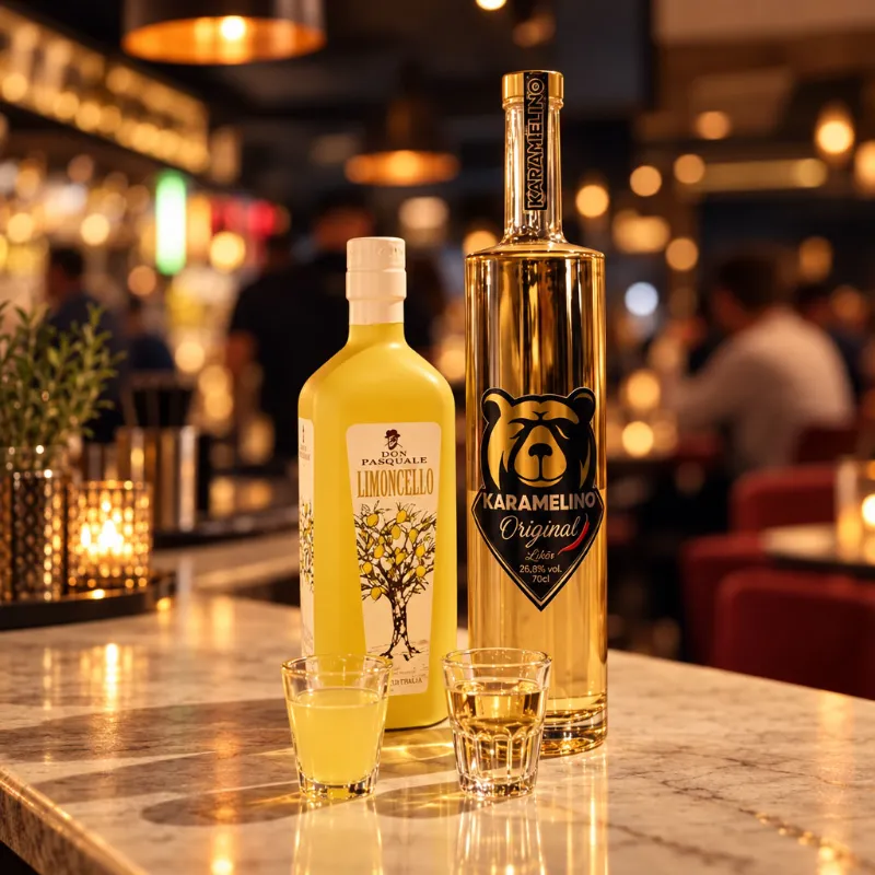 Karamelino Original und Limoncello Don Pasquale mit zwei Gläsern auf dem Marmortresen der Ovest Bar im KaDeWe Berlin