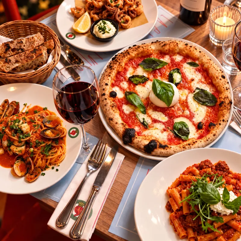 Gedeckter Tisch bei OVEST Berlin im KaDeWe – neapolitanische Pizza mit Burrata, Spaghetti alle Vongole, Rigatoni al Ragù, Calamari fritti und Rotwein