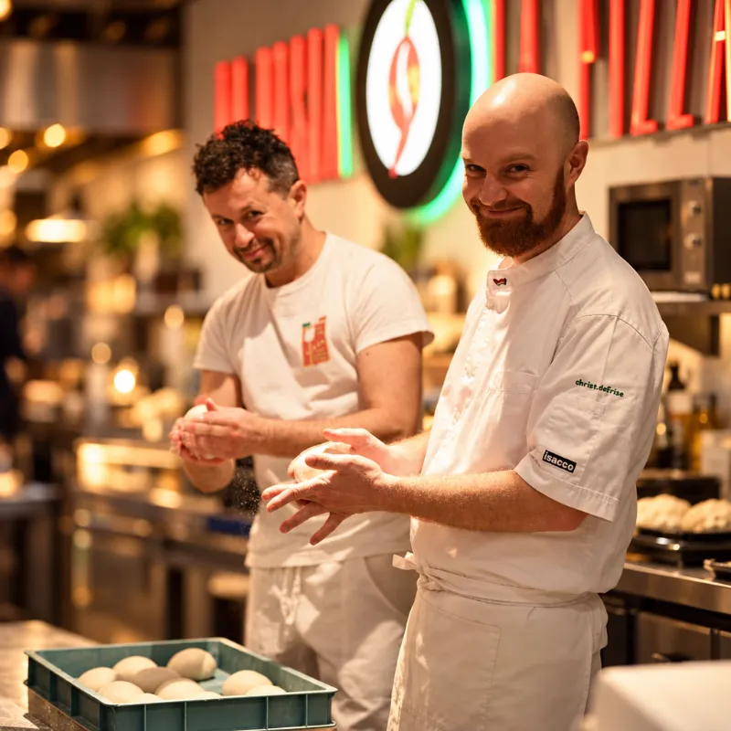 Pizzaioli von OVEST Berlin formen Teiglinge für neapolitanische Pizza in der offenen Küche im KaDeWe