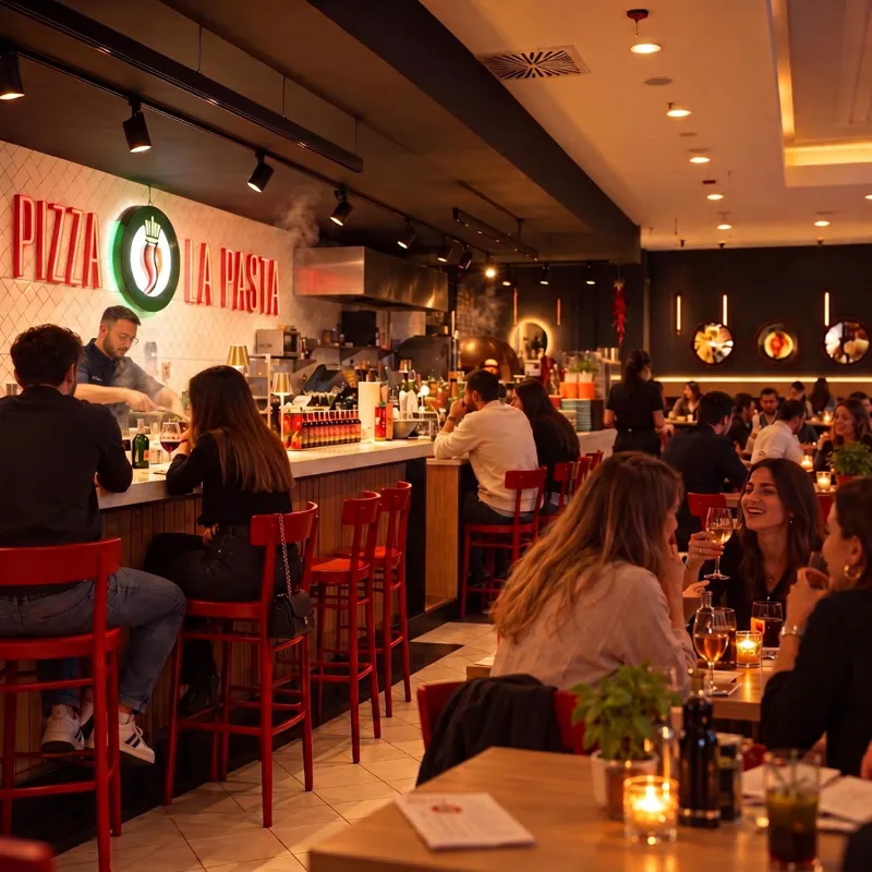 Abendstimmung im OVEST Berlin im KaDeWe – offene Küche unter der Leuchtschrift Pizza La Pasta, rote Barhocker und Gäste bei Wein und Kerzenlicht